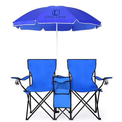 Double Beach Chairs With Umbrella And Cooler Set